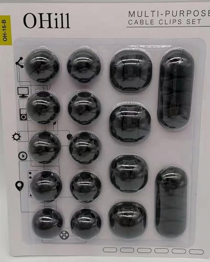 OHill 16-Pack Black Cord Organizer - Adhesive Cable Clips Holder for Desk, Wall, Car - Wire Management Clips for iPhone Charger, USB, Computer Cables -Cord Keepers with Strong Sticky Backing