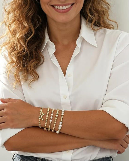 Gold Beaded Bracelets for Women, 14K Real Gold Plated Jewelry for Women Dainty Pearl Bead Bracelets Stack, Non Tarnish Trendy Stackable Ball Cross Stretch Bracelet Set Fashion Accessories Gifts