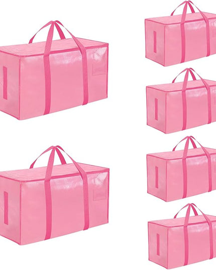 6 Pack-Extra Large Heavy Duty Moving Bags - Waterproof Storage Totes with Handles & Zippers, Foldable for College Dorm, Storage (Pink)