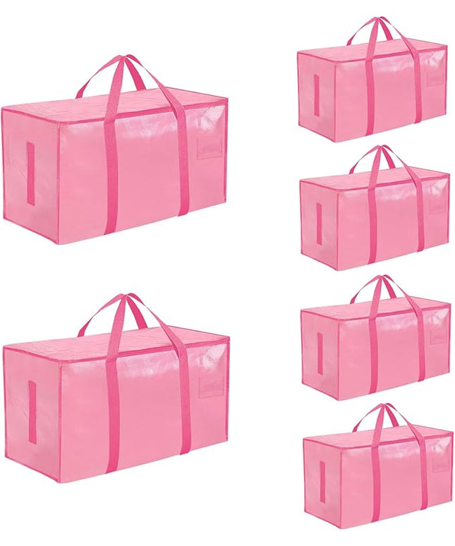 6 Pack-Extra Large Heavy Duty Moving Bags - Waterproof Storage Totes with Handles & Zippers, Foldable for College Dorm, Storage (Pink)
