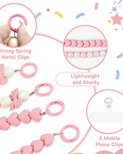 2 Pcs Phone Charm Wrist Strap with Tether Tab, Double Anti Lost Cute Beaded Wrist Lanyard, Detachable Transparent Phone Charms for Bag, Key Chains, Camera Decor