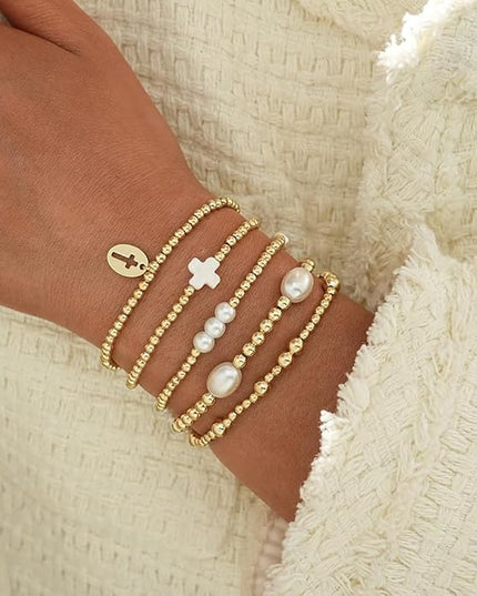 Gold Beaded Bracelets for Women, 14K Real Gold Plated Jewelry for Women Dainty Pearl Bead Bracelets Stack, Non Tarnish Trendy Stackable Ball Cross Stretch Bracelet Set Fashion Accessories Gifts
