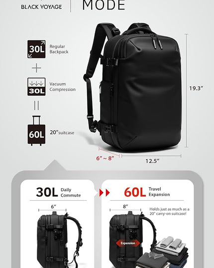 BlackVoyage Vortex Vacuum Seal Travel Backpack 60L Expandable Air Compression System Water Resistant TSA Lock Carry-On Suitcase Luggage Black Zephyr - Vacuum Pump Included
