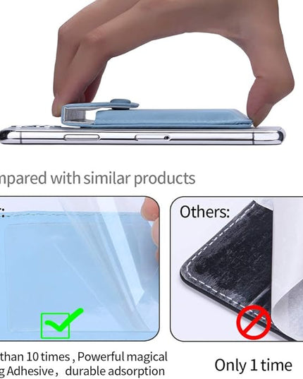 Self Adhesive Cell Phone Leather Wallet Stick On Card Holder fits Most Credit Card Holder Pocket Wallet for Men Women - RFID Blocking Sleeve Covers Light Blue