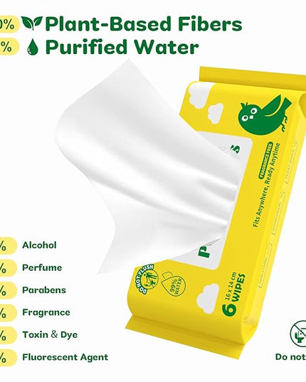 Unscented Travel Wet Wipes, 99% Purified Water Mini Wipes for Sensitive Skin, Hypoallergenic & Plastic-Free Pocket Wipes, 48 Count (8 Packs of 6)