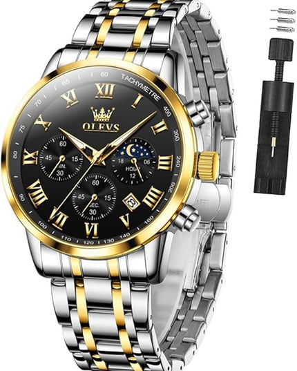 OLEVS Mens Watch Luxury Big Face Stainless Steel Analog Quartz Multifunctional Waterproof Luminous Date Two Tone Fashion Dress Wrist Watches for Man