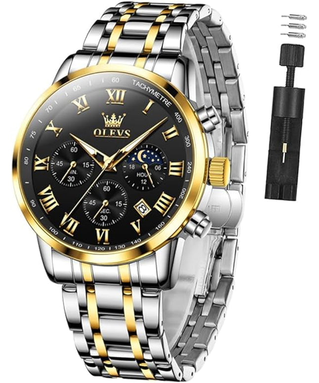 OLEVS Mens Watch Luxury Big Face Stainless Steel Analog Quartz Multifunctional Waterproof Luminous Date Two Tone Fashion Dress Wrist Watches for Man
