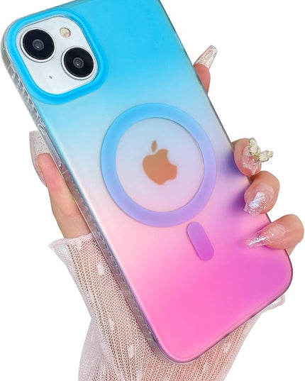 Aesthetic Case for iPhone 15 Case for Women Girls, Compatible with Magsafe, Cute Girly Trendy Glitter Sparkly Rainbow Magnetic Protective Phone Cover, Matte Iridescent Blue & Pink