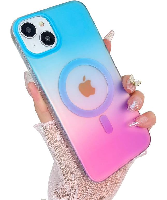 Aesthetic Case for iPhone 14 Plus & iPhone 15 Plus Case for Women Girls, Compatible with Magsafe, Cute Girly Trendy Glitter Sparkly Bling Rainbow Magnetic Phone Cover, Iridescent Blue & Pink