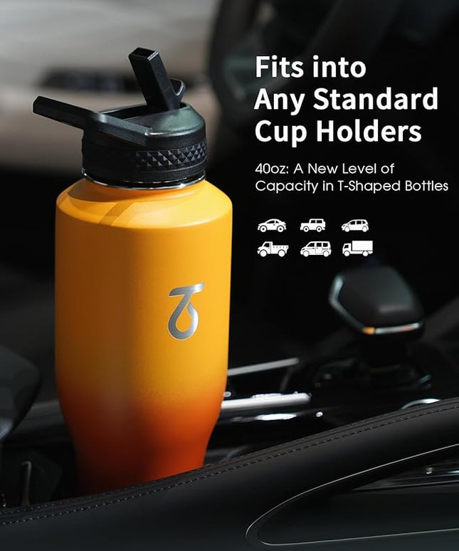 Trebo 40oz Insulated Water Bottle that Fits in Cup Holder, Stainless Steel Bottles Tumbler Double Wall Metal with Straw Spout Lids,Travel Flask with Paracord Handle, Sweat Proof Keep Cold &Hot,Orange