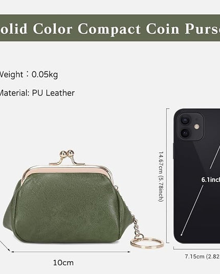 Genuine Leather Wallet Retro Kiss Lock Change Pouch Portable Coin Purse Key Case for Women Gift Box Black (Green)