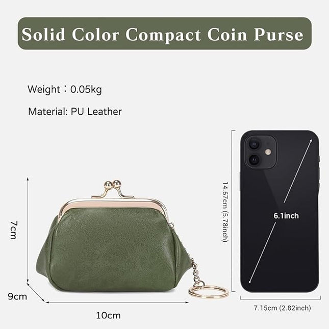 Genuine Leather Wallet Retro Kiss Lock Change Pouch Portable Coin Purse Key Case for Women Gift Box Black (Green)
