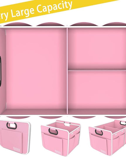 Homeve Trunk Organizer, Car Storage, Reinforced Handles, Collapsible Multi-Compartment, Foldable, Waterproof, Sturdy, 600D Oxford Polyester For Car, SUV, Mini-Van, Pink, 2 Compart