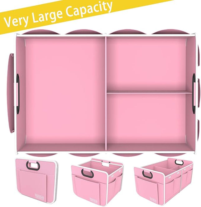 Homeve Trunk Organizer, Car Storage, Reinforced Handles, Collapsible Multi-Compartment, Foldable, Waterproof, Sturdy, 600D Oxford Polyester For Car, SUV, Mini-Van, Pink, 2 Compart