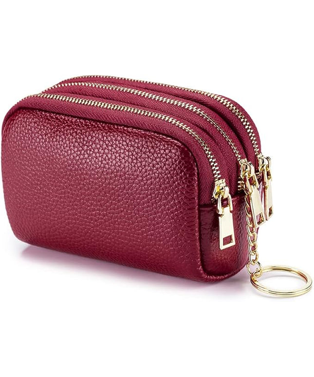 LINNO 3 Zippered Genuine Leather Coin Purse Triple Capacity Change Pouch Little Travel Wallet With Key Ring for Women