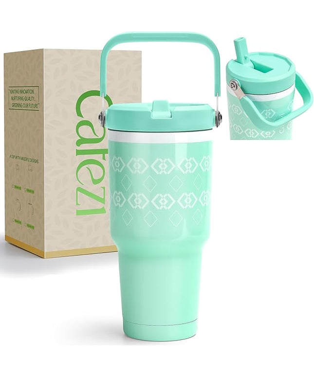 30 oz Tumbler with Handle, Vacuum Insulated Tumblers with Flip Straw and Top Handle, Reusable Insulated Cup for Home, Outdoors, Leakproof, Fits in Cup Holder, Cold for 30 Hours