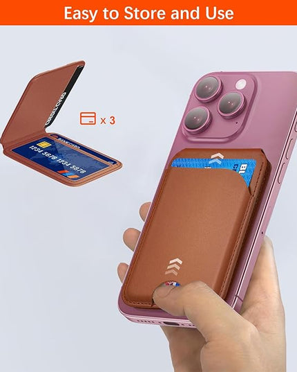 for Magsafe Wallet, Phone Cardholder with Adjustable Stand, Magnetic Card Holder with 3 Card Slots, Magnetic Wallet for iPhone 16/15/14/13/12 Series, Not for iPhone 13/12 Mini(Brown, Leather)