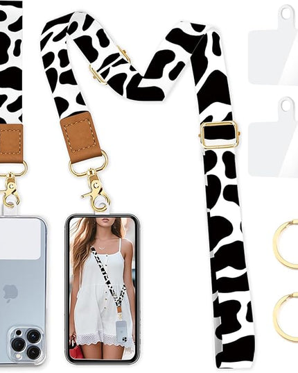 Phone Lanyard Crossbody Wrist Strap Adjustable, Cow Cell Phone Lanyard Wristlet Universal Strap with 2 Tether Tabs Cute for Women ID Badges Accessories