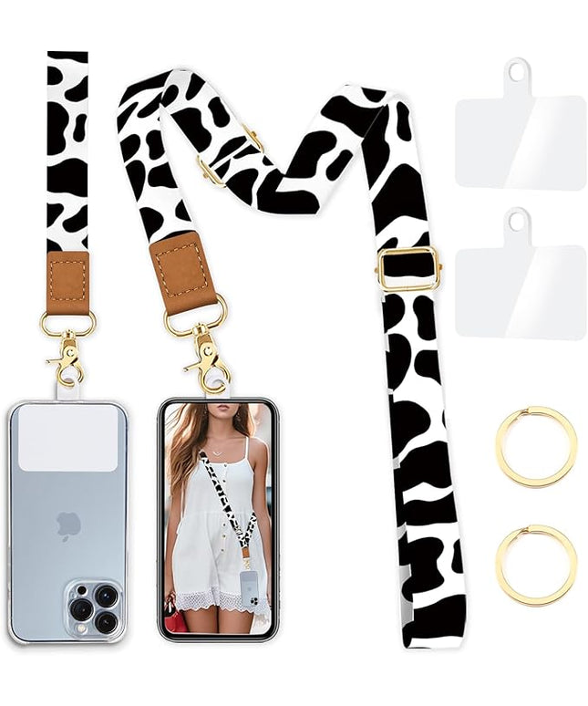 Phone Lanyard Crossbody Wrist Strap Adjustable, Cow Cell Phone Lanyard Wristlet Universal Strap with 2 Tether Tabs Cute for Women ID Badges Accessories
