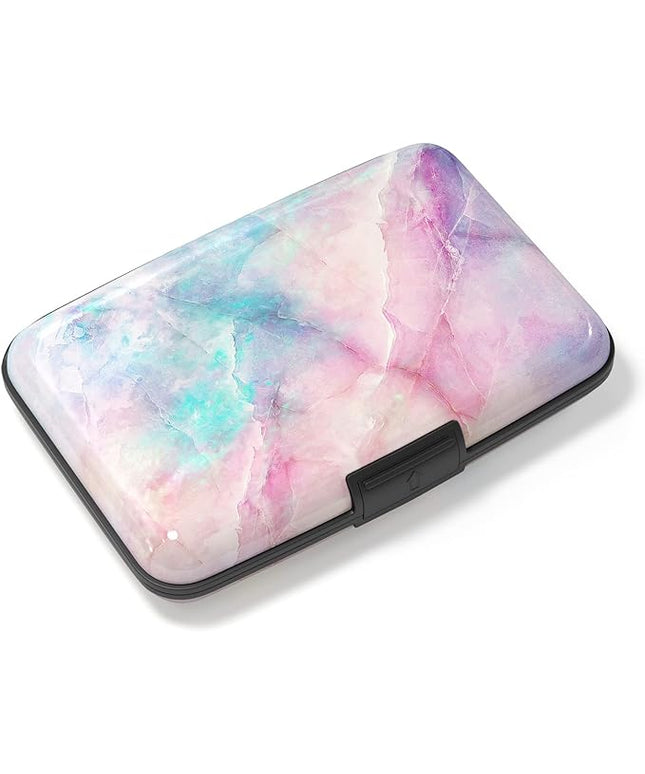 Atufsuat Credit Card Holder, Mini Aluminum Card Wallet RFID Blocking Slim Metal Hard Card Case for Women Men, Colorful Marble
