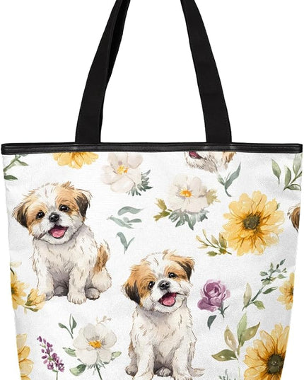 Pardick Canvas Tote Bags, Cute Dog Flower Tote Bag Eco Friendly Reusable Grocery Shopping Bagsfor Beach, Books, Women with Zipper Inner Pocket