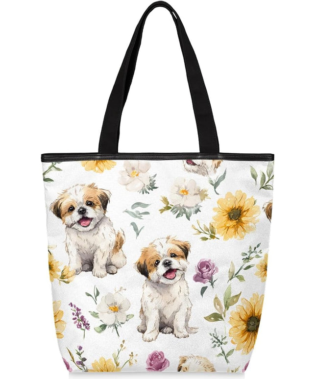 Pardick Canvas Tote Bags, Cute Dog Flower Tote Bag Eco Friendly Reusable Grocery Shopping Bagsfor Beach, Books, Women with Zipper Inner Pocket