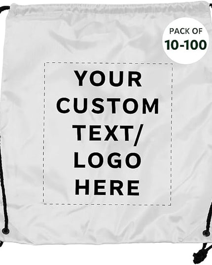 DISCOUNT PROMOS Custom Classic Polyester Drawstring Bagpack Set of 10/50/100, Personalized Bulk Pack - Great for Travelling, Gym and for Everyday Use - White