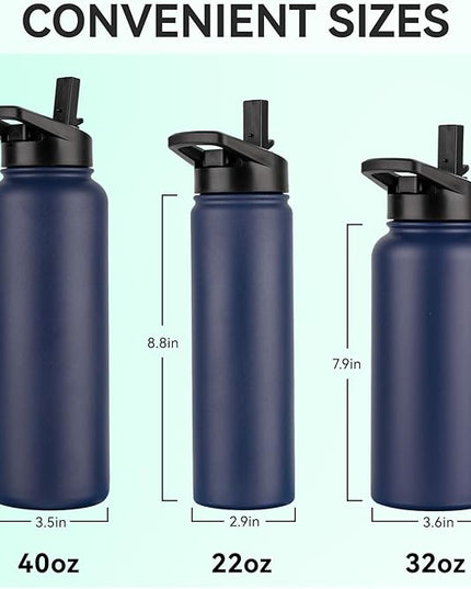 DOMICARE 32 oz Insulated Water Bottle Bulk, Vacuum Insulated Stainless Steel Sports Water Bottle with Straw Lid & Spout Lid, Leakproof, Reusable - Travel, Camping, Bike, Navy Blue (4 Pack)