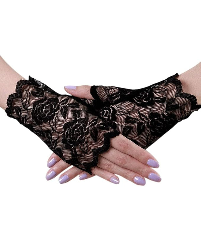 Women's Short Lace Gloves Fingerless for Driving Wedding Wrist Length Bridal Prom Gloves