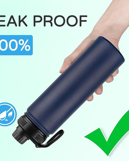 DOMICARE Insulated Water Bottle, 22 oz Vacuum Insulated Stainless Steel Reusable Sports Bottle with Straw Lid & Spout Lid for Travel, Camping, Bike, Leakproof, Navy Blue, 8 Pack