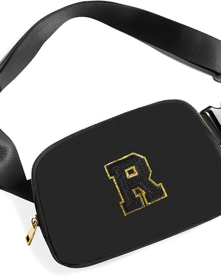 Gitus Belt Bag Fanny Pack Crossbody Bags with Initial Letter Patch Gifts for Wife Older Women Mother Coworker Bridesmaid Anniversary Travel Gifts Beach Gifts (Black-R)