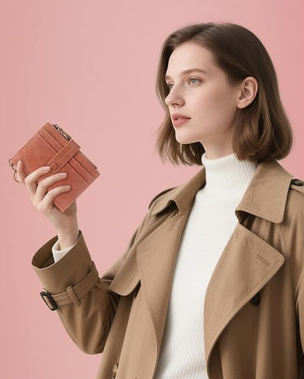 Blucoay Leather Wallet Women,RFID Blocking Small Wallets for Women Bifold Compact Card Holder With Zipper Coin Pocket ID Window Pink