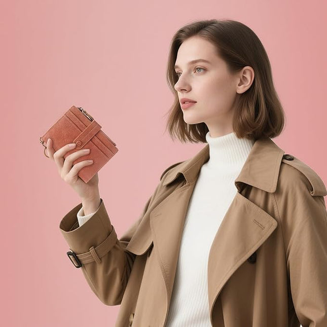 Blucoay Leather Wallet Women,RFID Blocking Small Wallets for Women Bifold Compact Card Holder With Zipper Coin Pocket ID Window Pink