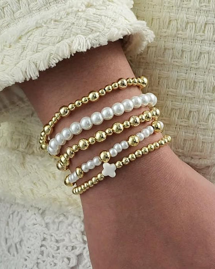 Gold Beaded Bracelets for Women, 14K Real Gold Plated Jewelry for Women Dainty Pearl Bead Bracelets Stack, Non Tarnish Trendy Stackable Ball Cross Stretch Bracelet Set Fashion Accessories Gifts