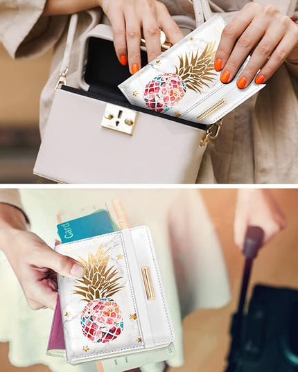 Passport Holder Cover Travel RFID Blocking Passport Cover Rose Gold Cute Flowers Passport Wallet with Elastic Band for Women