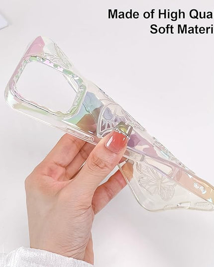 Cute Case for iPhone 16 Pro Max Case for Women Girls, with 3D Butterflies Pattern Design, Aesthetic Clear Iridescent Glitter Kawaii Girly Rainbow Protective Phone Cover