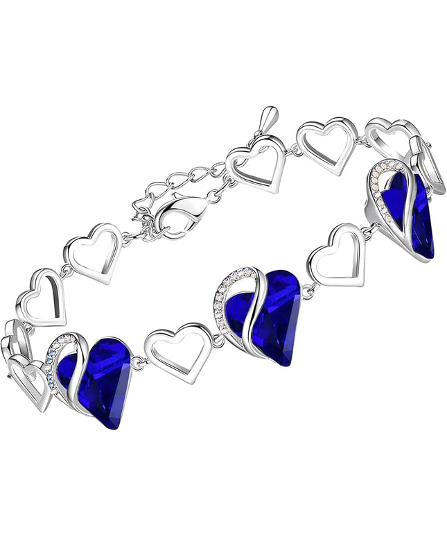 Leafael Infinity Love Heart Link Bracelets, Birthstone or Healing Stone Crystal Bracelet for Women, Silver Tone Jewelry Gifts for Her, 7-inch Chain and 2-inch Extender