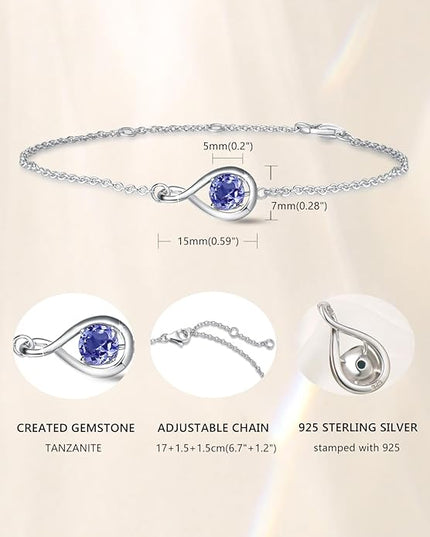 FANCIME Love Bracelet 925 Sterling Silver Infinity Birthstone Bracelets for Women Fine Jewelry Birthday Christmas Gifts for Her Mom Wife, Chain Length 6.7"+1.2" Extend