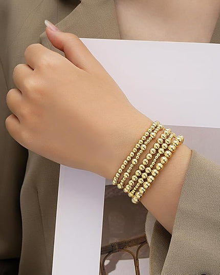 Gold Beaded Bracelets for Women, 14K Real Gold Plated Jewelry for Women Dainty Pearl Bead Bracelets Stack, Non Tarnish Trendy Stackable Ball Cross Stretch Bracelet Set Fashion Accessories Gifts