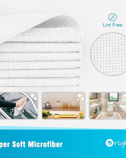 Orighty White Microfiber Cleaning Cloth, Microfiber Towels for Cars, Highly Absorbent Car Cleaning Supplies, Lint Free Cloths Clean Rags for Car Care, House, Kitchen, 12x11 inch, Pack of 24