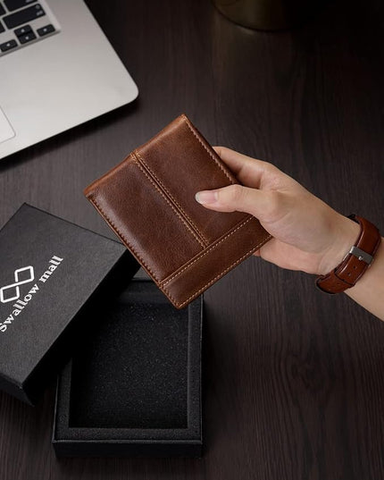 Swallowmall Leather Wallet for Mens Genuine Leather RFID Blocking Bifold Wallets with 1 ID Window 15 Card Slots