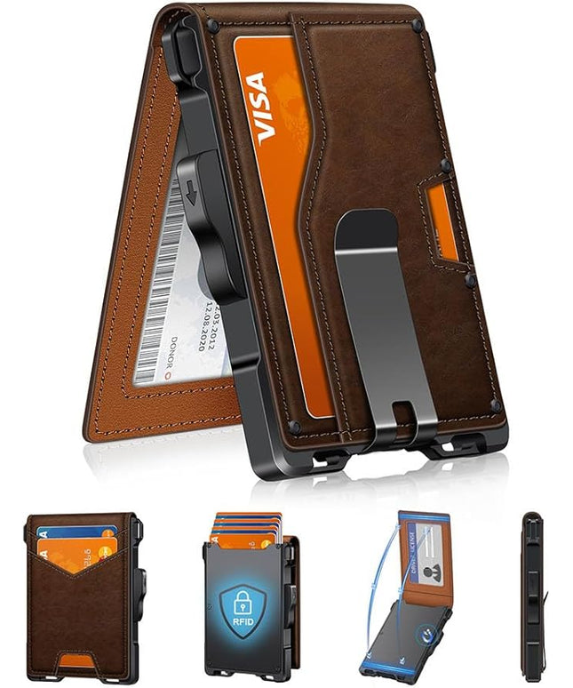 GHUKY Wallet for Men, Minimalist Slim Mens Wallet with Money Clip, RFID Blocking Smart Pop Up Card Wallet with ID Window, Compact Bifold Wallet,Metal Aluminum Credit Card Holder