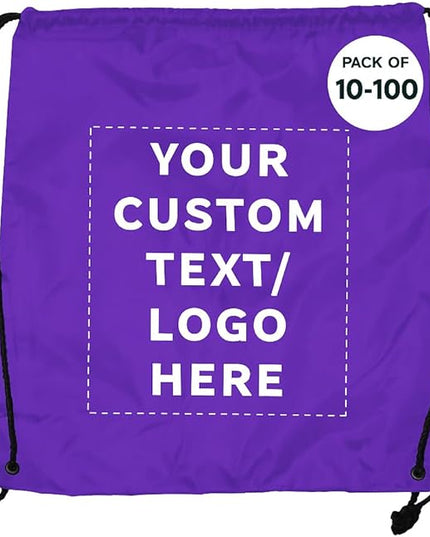 DISCOUNT PROMOS Custom Classic Polyester Drawstring Bagpack Set of 10/50/100, Personalized Bulk Pack - Great for Travelling, Gym and for Everyday Use - Purple