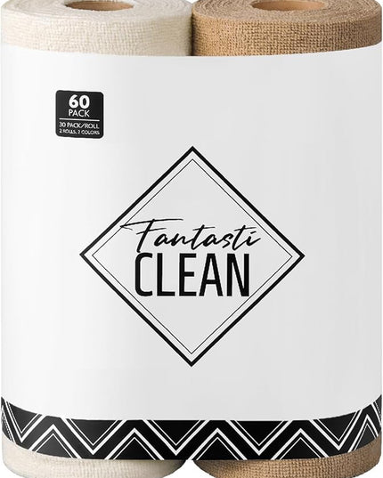 Fantasticlean Microfiber Cleaning Cloth Roll -60 Pack, Tear Away Microfiber Towels, 12" x 12", Reusable, Washable, Scratch Free, Ultra Absorbent Dishcloth for All-Around Cleaning (Beige & Tan)