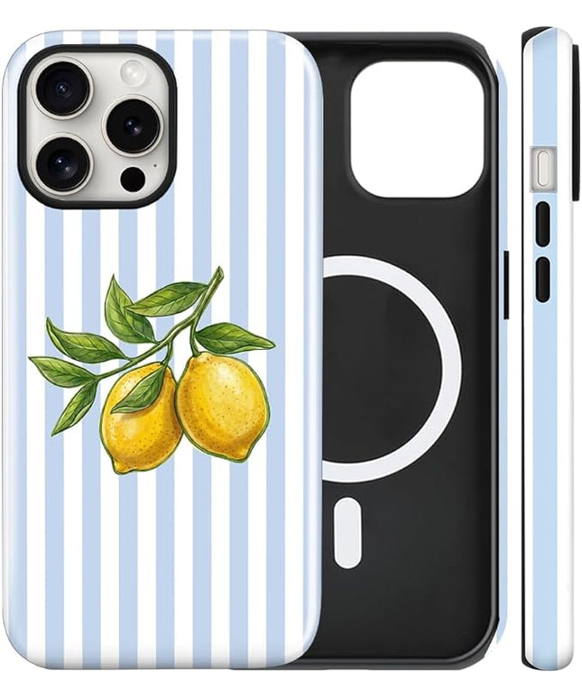 Magnetic for iPhone 16 Pro Case Cute Lemon Stripes Phone Case, Shockproof Slim TPU and Hard PC Protective Phone Cover Compatible with MagSafe Designed for Women Girls, Blue