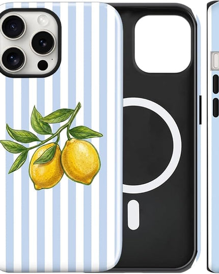 Magnetic for iPhone 15 Case Cute Lemon Stripes Phone Case, Shockproof Slim TPU and Hard PC Protective Phone Cover Compatible with MagSafe Designed for Women Girls, Blue