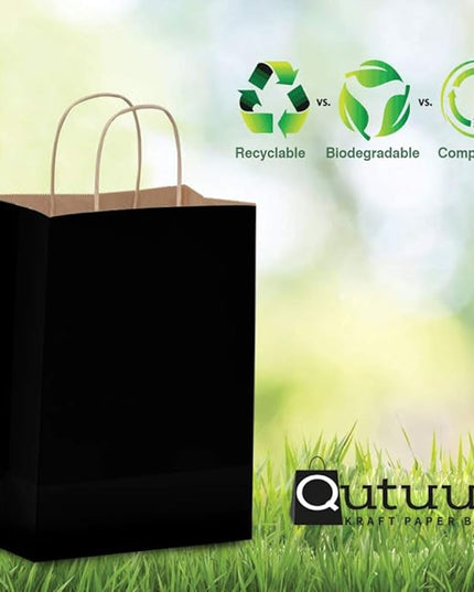 Qutuus Black Paper Gift Bags with Handles 50 Pcs 8x4.5x10 inches Black Kraft Bag with Handles Bulk for Shopping, Party Favor, Retails Kraft Paper Bags