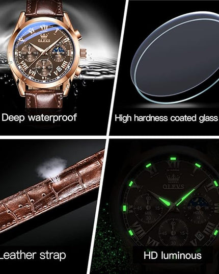 OLEVS Men's Watches Leather Strap Analog Quartz Watch, Fashion Big Dial Date Waterproof Watch, Dress Luxury Luminous Men Watches