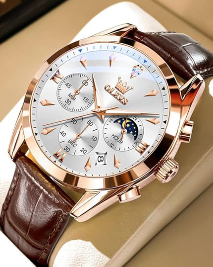 OLEVS Men's Watches Leather Strap Analog Quartz Watch, Fashion Big Dial Date Waterproof Watch, Dress Luxury Luminous Men Watches