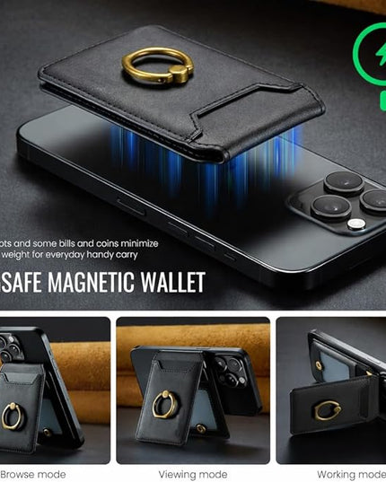 Mizi 3-in-1 Mag Safe Wallet with Stand & Ring Grip, Strong Magnetic Vegan Leather Card Holder, RFID Blocking, Holds 5 Cards, for iPhone 17/16/15/14/13/12 Series (Not for 13/12 Mini) - Black